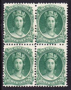 Nova Scotia 1860 8 1/2c QV green Block of 4 white & yellowish paper NH/F/VF