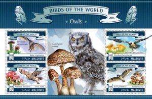 Maldives - 2015 Owls on Stamps - 4 Stamp Sheet - 13E-331