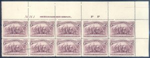 USA 2c Columbian SC 231 Corner Imprint Plate Block of 10 MNH Stamps 113010