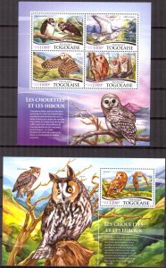 Togo 2015 Birds Owls (2) Sheet + S/S MNH