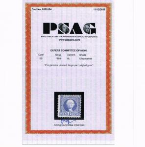 EXCEPTIONAL GENUINE SCOTT #115 VF USED 1869 PSAG CERT CLEAR G-GRILL SCV $2500