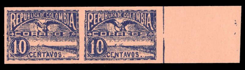 Colombia #243 Cat$18.50+, 1903 10c dark blue on salmon, sheet margin horizont...