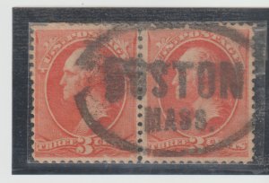 US Scott #214 Used Pair /creas Boston SON CXl 3c Washington Banknote F Cat $110