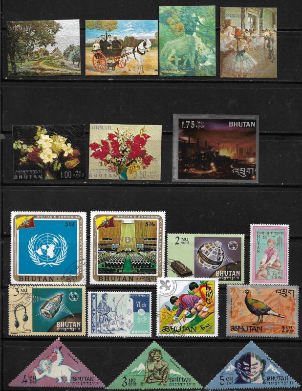 COLLECTION LOT OF 34 BHUTAN STAMPS INCLUDING EMBOSSED ANS STEEL FOIL 2 SCAN