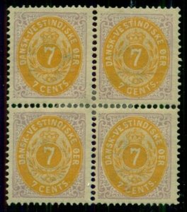 DANISH WEST INDIES #9 (9b) 7¢ bicolor, Block of 4, og, hinged in center only, VF