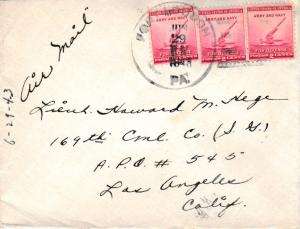 United States Pennsylvania Fort Loudon 1943 4f-bar  2c Defense (3) Airmail to...