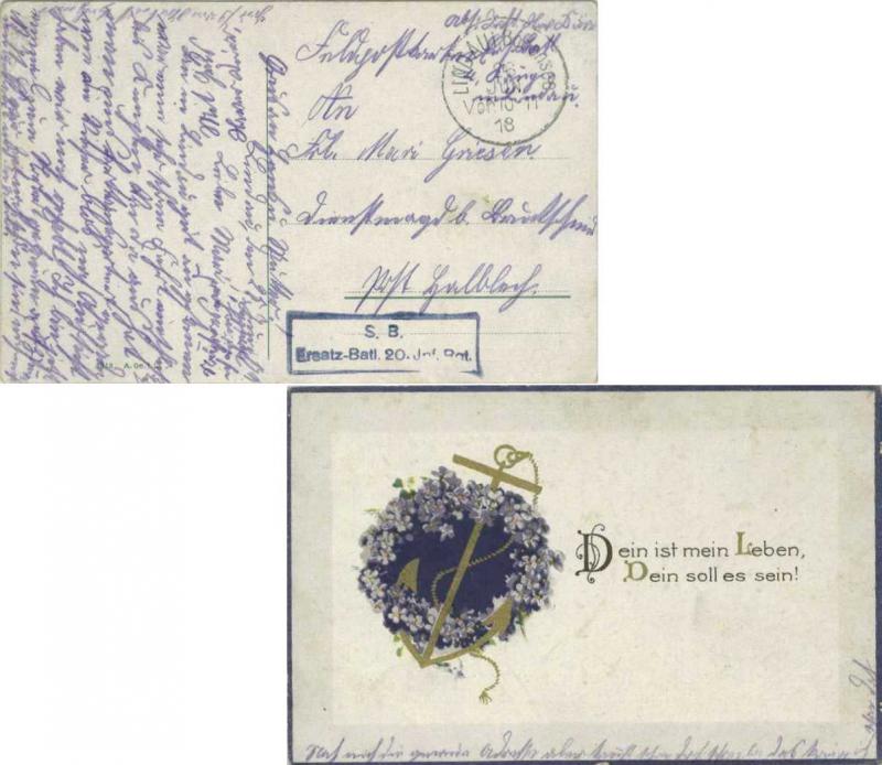 Germany Soldier's Free Mail 1918 Lindau i. Bodensee PPC (anchor and heart wit...