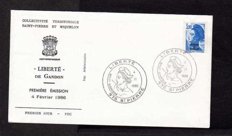 Saint Pierre et and Miquelon Liberte de Gandon FDC 1986 Stamp Cover