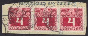 Austria - 1910 - Scott #J36 - used strip of 3 on piece - FREISTADT pmk Czech Rep