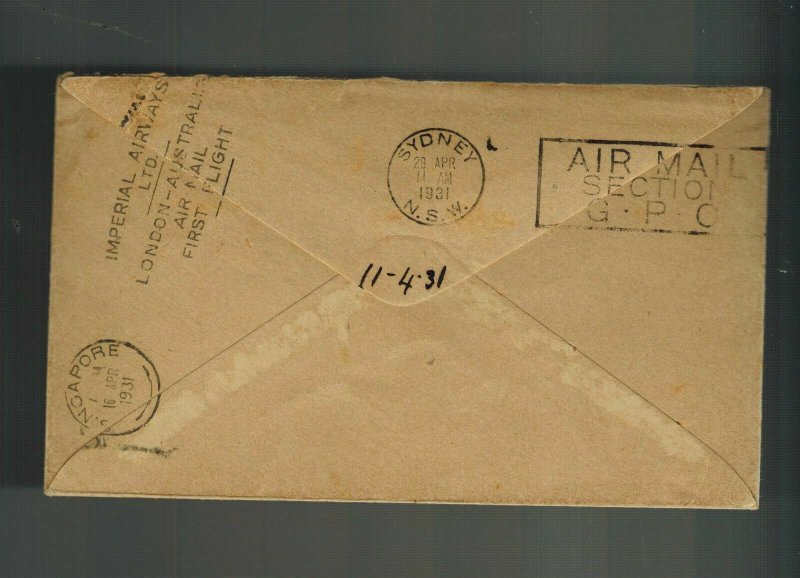 1931 Singapore First Flight Cover FFC to Australia via Imperial Airways