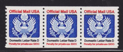 US Sc O139 MNH. 1985 Domestic Letter Rate D, Plate 1 strip of 3, VF