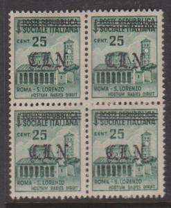 Italian Social Republic Sc#25 MNH Block of 4 CLN Overprint 1 stamp 2 tiny thins