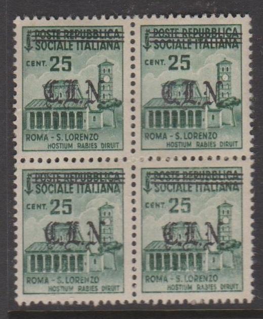 Italian Social Republic Sc#25 MNH Block of 4 CLN Overprint 1 stamp 2 tiny thins