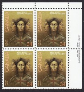 INDIAN = MOHAWK NATIVE LEADER MOLLY BRANT = Canada 1986 #1091 MNH UR BLOCK OF 4