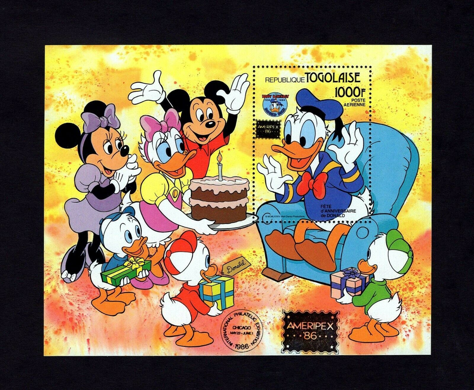 Togo 1984 Disney Donald Duck 50th Anniv Cake Ameripex Mnh S Sheet Hipstamp