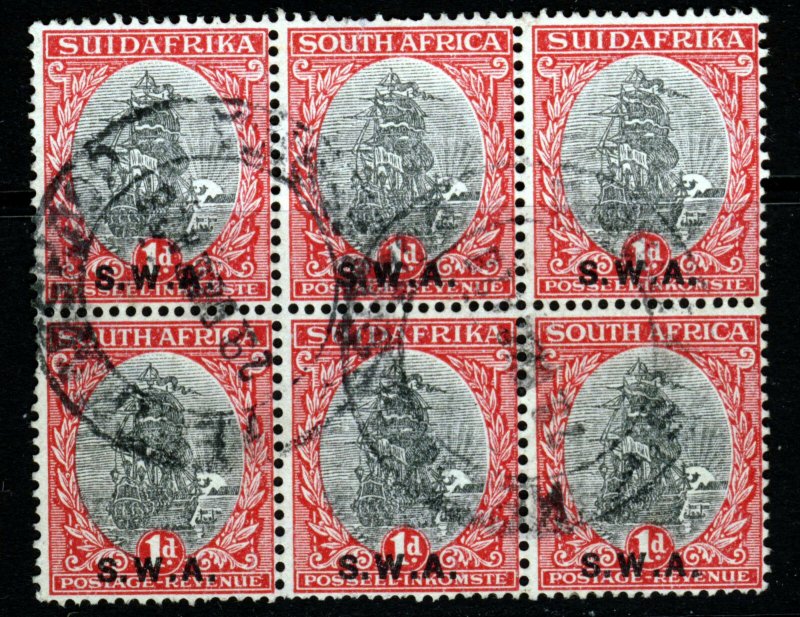 SOUTH WEST AFRICA 1930-31 1d. Black/Carmine Perf 15x14 Bilingual Block SG 69 VFU