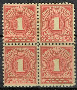 USIR: 1914 1c DOCUMENTARY REVENUE STAMPS block of 4 mint never hinged. SCARCE!!