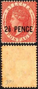 St Lucia SG24 2 1/2d red-brown M/M (toned gum) Cat 60 pounds