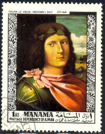 Mother's Day, Painting by Palma Le Vieux, Manama stamp used