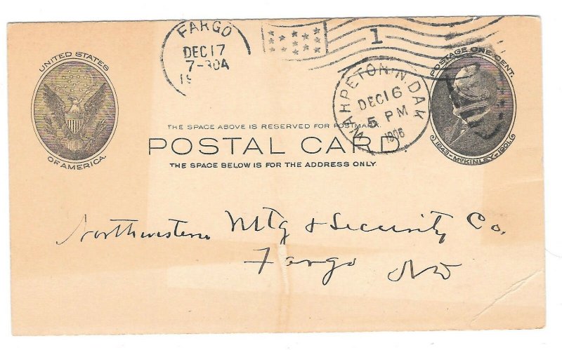 Fargo ND Flag Cancel 1906 Wahpeton Duplex UX18 Postal Statonery Card Fred Falley