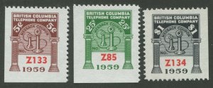 CANADA REVENUE BCT187, BCT188, BCT189 BRITISH COLUMBIA TELEPHONE FRANKS 1959 SET