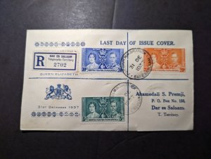 1937 Registered British KUT Coronation Last Day Cover Dar Es Salaam Local Use