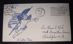 1945 USA Cover Army Free Madison WI to Philadelphia PA Patriotic Hand Drawn