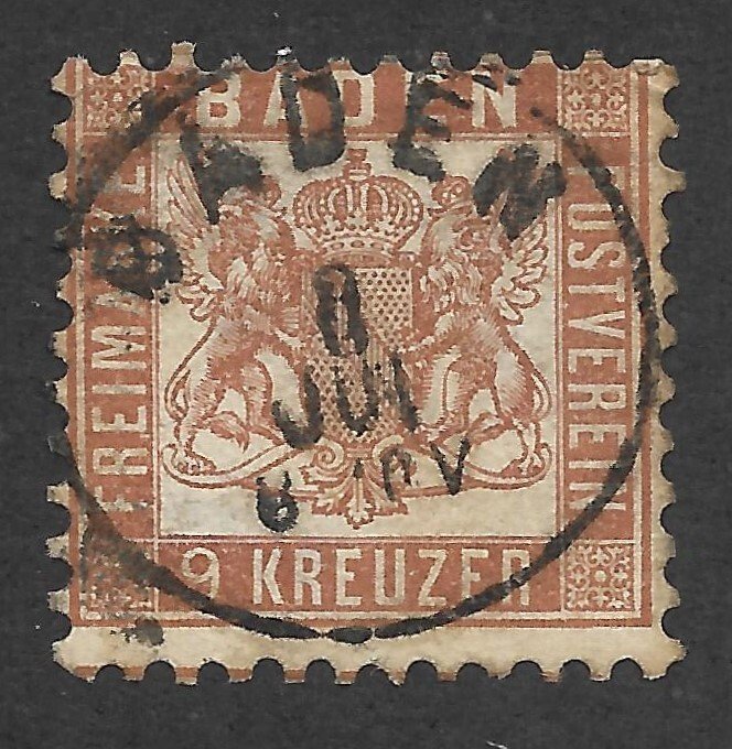 Doyle's_Stamps: 1864 German Baden State 9 Kreuzer Issue Scott #23