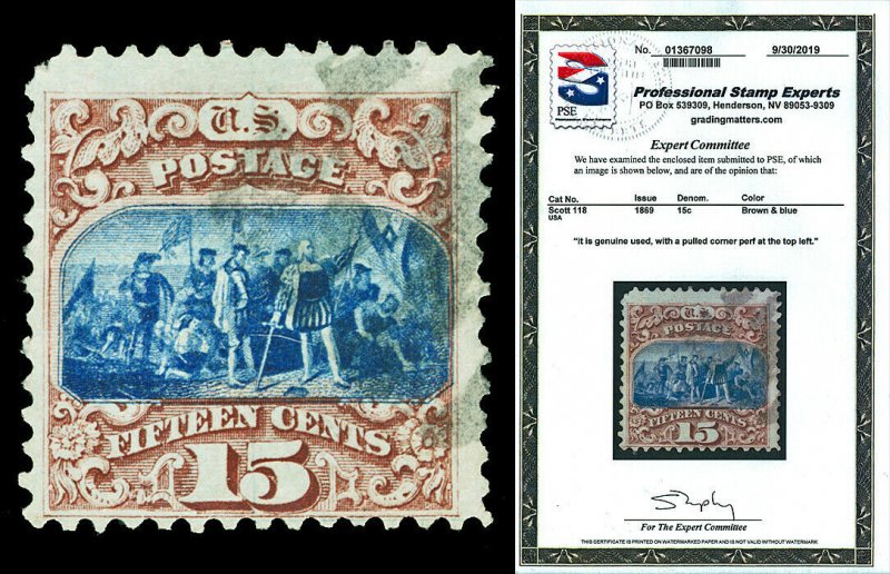 Scott 118 1869 15c Columbus Type I Pictorial Issue Used Fine Cat $825 PSE CERT