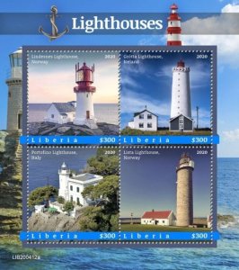 Liberia - 2020 Lighthouses, Grotta, Portofino - 4 Stamp Sheet - LIB200412a