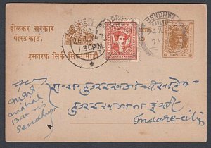 INDIA INDORE 1947 uprated postcard used ex Treasury.........................K653