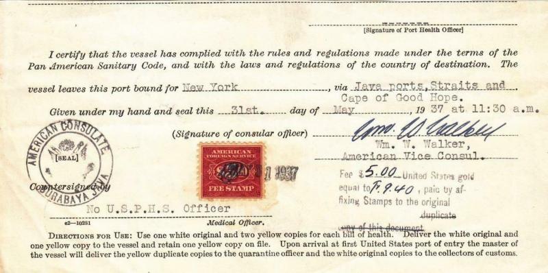 1937, $5.00 Foreign Service Tax Fee, RK 37, See Remark (29367)