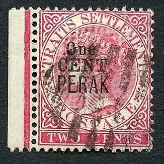 Perak SG35b One Cent type 32 on 2c Bright Rose Used (plate 2) Cat 30++ pounds