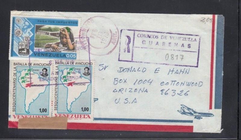 Registered Cover Guarenas Venezuela to USA United States Customs Marking 1976