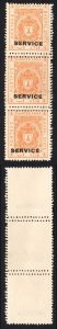 Bhopal SGO313c 1932 1/4a Orange Perf 13.5 DOUBLE PERF Strip (no gum) (2)