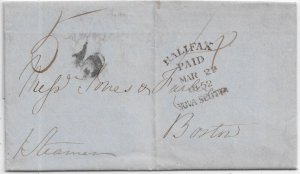 1852 Stampless Folded Letter, Halifax, Nova Scotia to Boston, Ma via ... (57807)