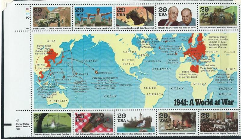 US#2559  $0.29 1941:A World at War block of 10 (MNH) CV$8.00