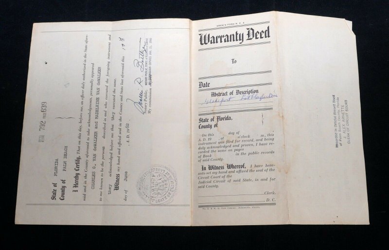 USA WARRANTY DEED Internal Revenue Documentary Stamps 1962 Florida Seal