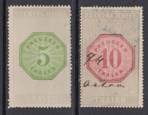 Germany, Prussia, 1874 5Th & 10Th Revenue Stempelmarken Revenue stamps, sound 