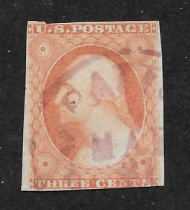 11 Used 3c. Washington,  Scarce Purple Cancel,  scv: $265