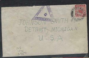 MALAYA NEGRI SEMBILAN (P1709B) 1940 ARMS 6C X2 ON CENSORED COVER TO USA 