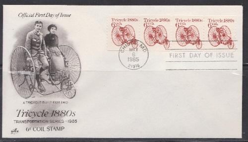 2126 Tricycle transportation coil strip of 4 Unaddressed ArtCraft FDC