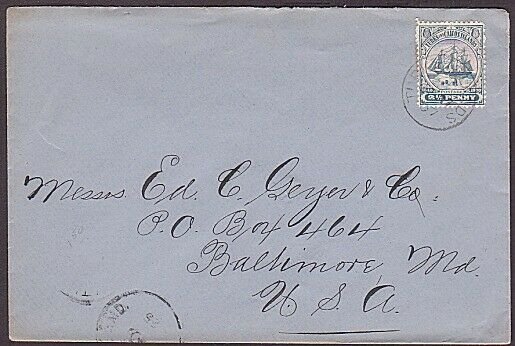 TURKS & CAICOS 1907 2½d Ship on cover to USA -  TURKS ISLAND cds...........35243