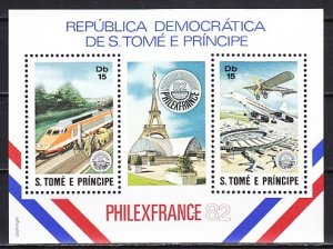 St.Thomas, Scott cat. 652a. Philexfrance `82, Concorde & Train shown. Sheet of 3