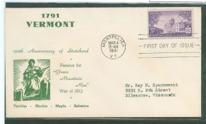 US 903 1941 3c 150th Anniversary Of Statehood (single) on an addressed (typed) FDC with a Papercraft Cachet