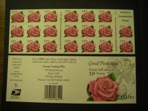 Scott 3052d, 33c Pink Rose, Booklet pane of 20, #S222, MNH Booklet Beauty