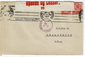 South Africa 1917 Cape Town cancel on cover to South West Africa, censored