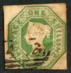 SG55 1/- Green Embossed (Bottom right corner re-attached) Cat 1000 pounds