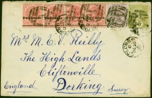 Ceylon 1890 Cover to Dorking Bearing SG203 x 4, SG195 & SG196 Fine & Attractive