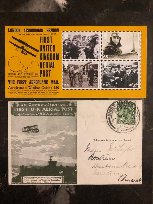 1911 England First Flight Aerial Post Coronation Postcard Cover FFC w/Comm Stamp